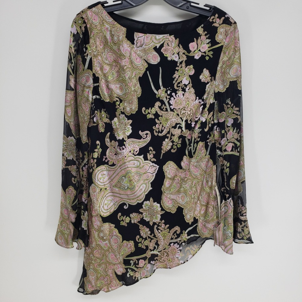 Y2K Papell Boutique Paisley Asymmetrical Blouse Womens Sz L Black Silk Fairycore